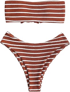 Women Strapless Ribbed High Cut Bandeau Bikini Lace Up 2 Pieces Swimwear