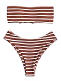 Women Strapless Ribbed High Cut Bandeau Bikini Lace Up 2 Pieces Swimwear