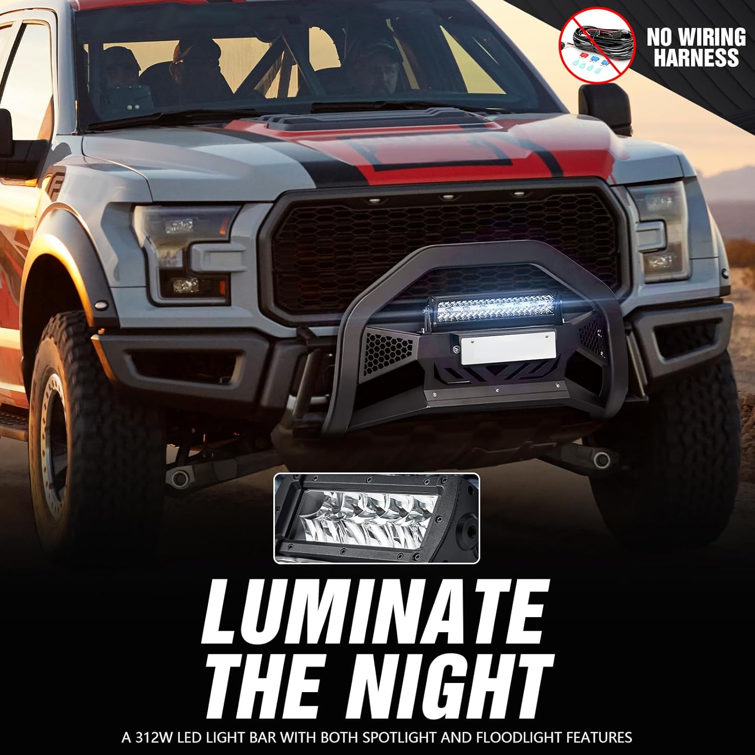 Bull Bar with LED Light Bar & License Plate Frame Compatible with 2004-2024 Ford F150 F-150 & 2003-2017 Ford Expedition & 2003-2014 Lincoln Navigator, Front Brush Guard, Grill Guard, Bumper Push