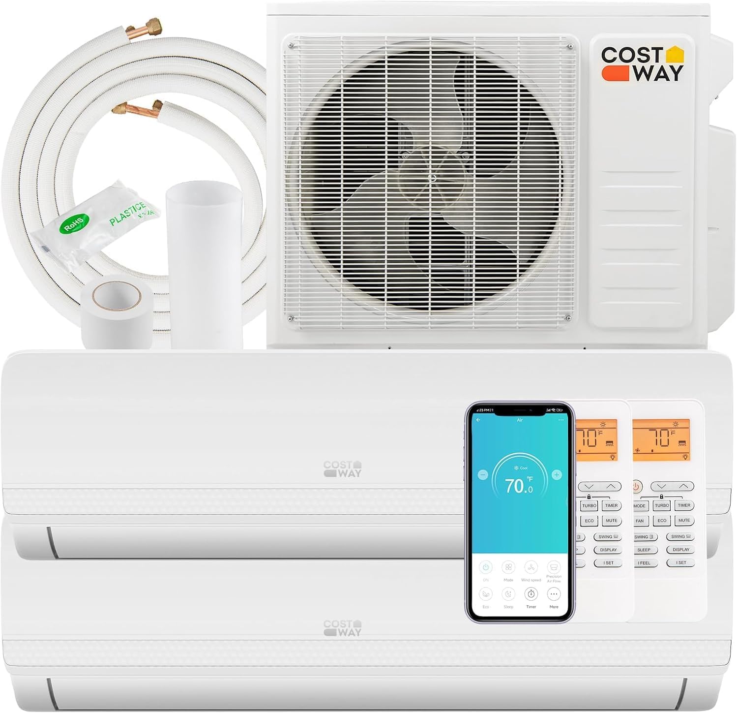 Image showing the outdoor unit, two indoor units, and various installation accessories like copper pipes and wiring.