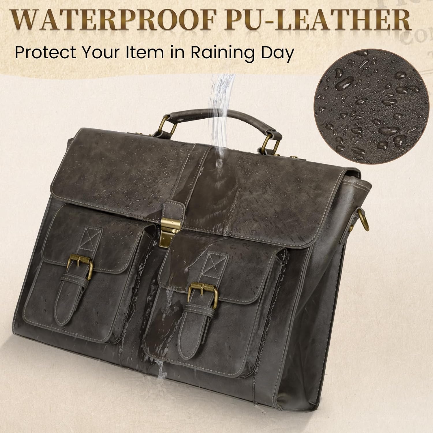 RAINSMORE Mens Messenger Bag 15.6 Inch Leather Vintage Laptop Briefcase Waterproof Computer Laptop Bag Leather Satchel Bag Large Shoulder Bag for Office Work Travel College, Grey - Image 5