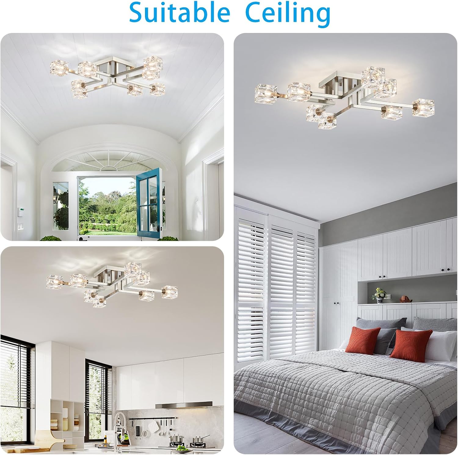 XINGQI 8-Lights Semi Flush Mount Ceiling Light Fixture, Modern Chandelier Brushed Nickel Lighting Fixtures Sputnik Chandeliers for Dining Room Living Room Kitchen Bedroom Entryway