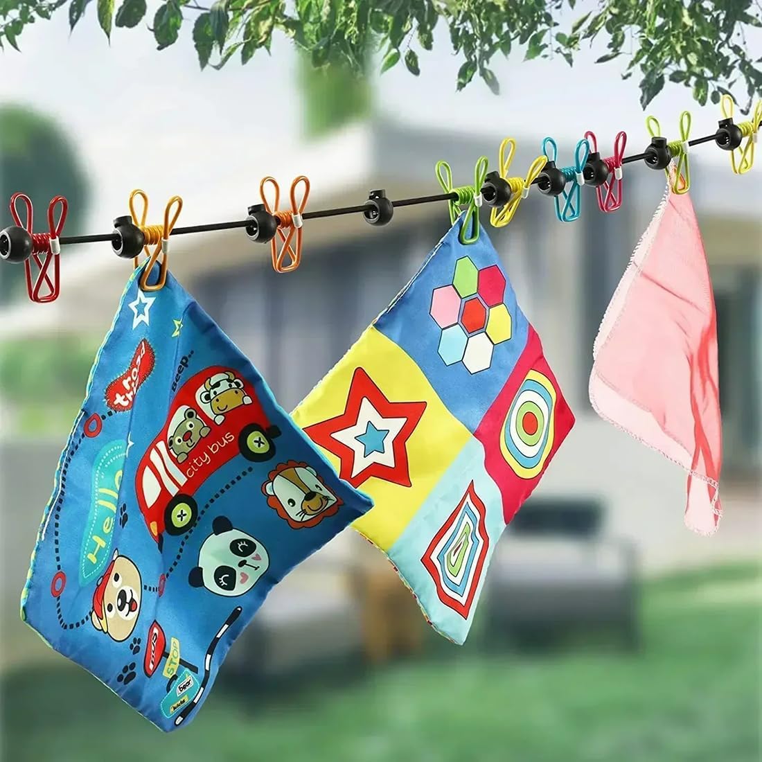 Clothesline Portable with Clips and Stops Retractable Elastic Laundry Drying Line for Camping Backyard Hotel Balcony