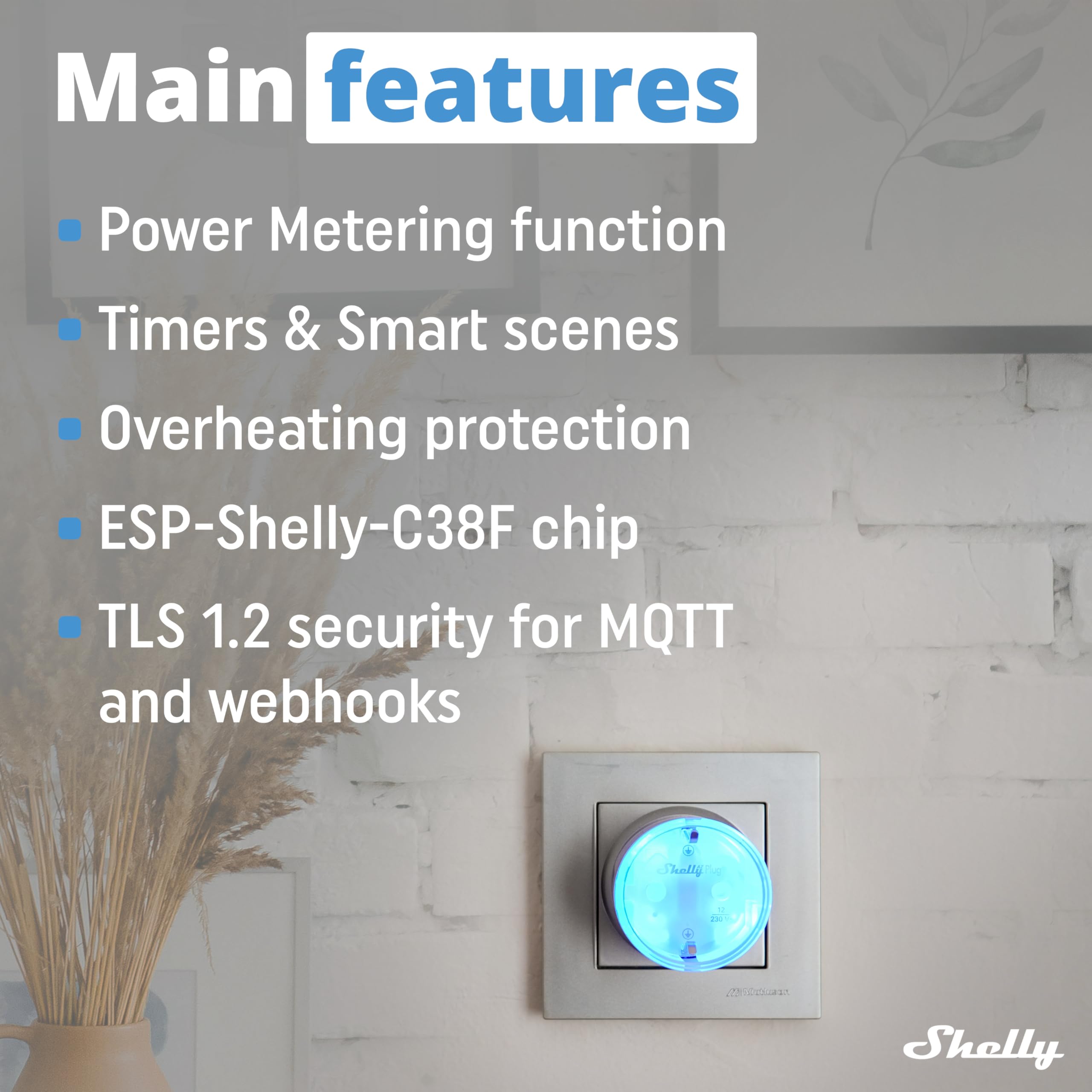 Shelly AZ Plug Biały, Inteligentna Wtyczka z Pomiarem Energii, Gniazdko Zdalnego Sterowania, Max 2500W (12A), Wskaźniki LED,Automatyka domowa, Bluetooth i Wi-Fi, Alexa i Google Home, iOS, Android