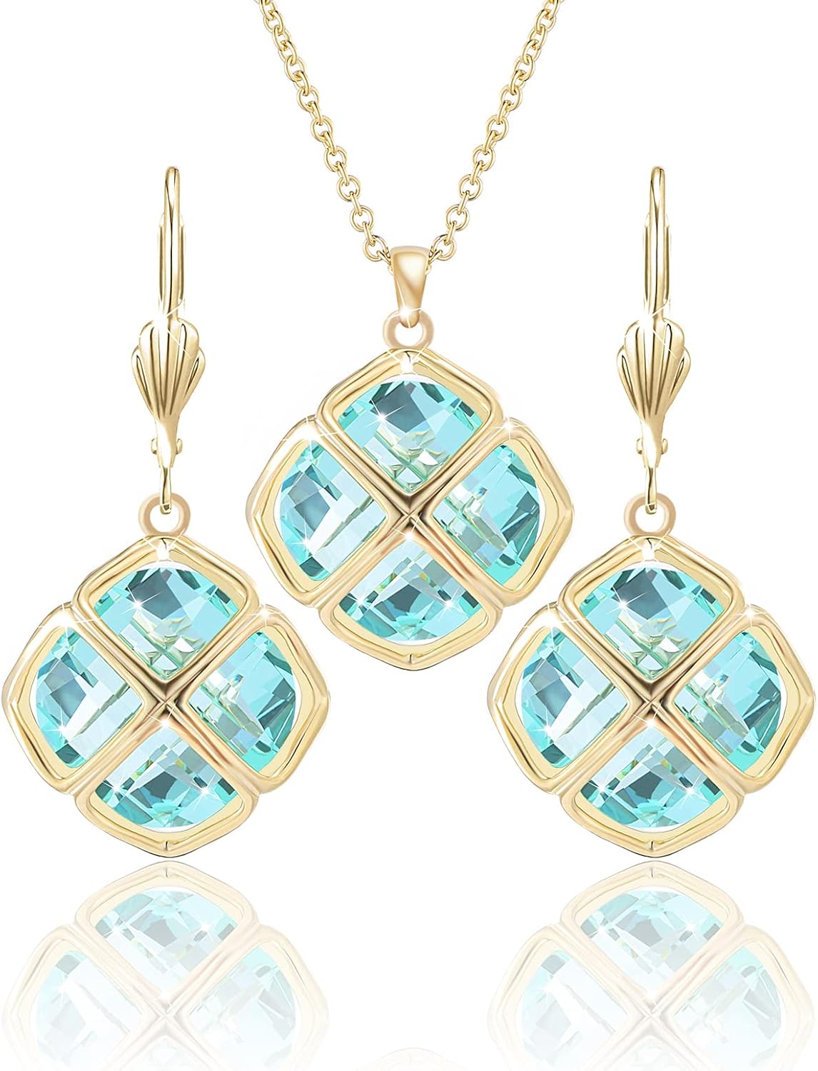 14MM Crystal Pendant Necklace Earrings Sets for Women 14K Glod Plated Jewelry