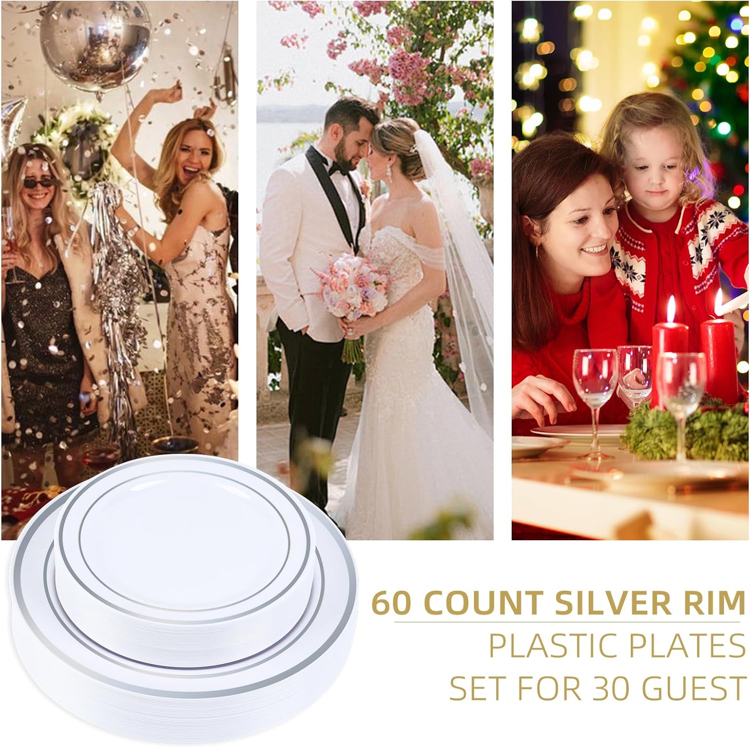 Silver Rim Plastic Plates Set of 60 Count, Disposable Plates with Silver Rim 30 Dinner Plates 10" and 30 Salad Dessert Appetizer Plate 7", Elegant Fancy Heavy Duty Wedding Party Plates
