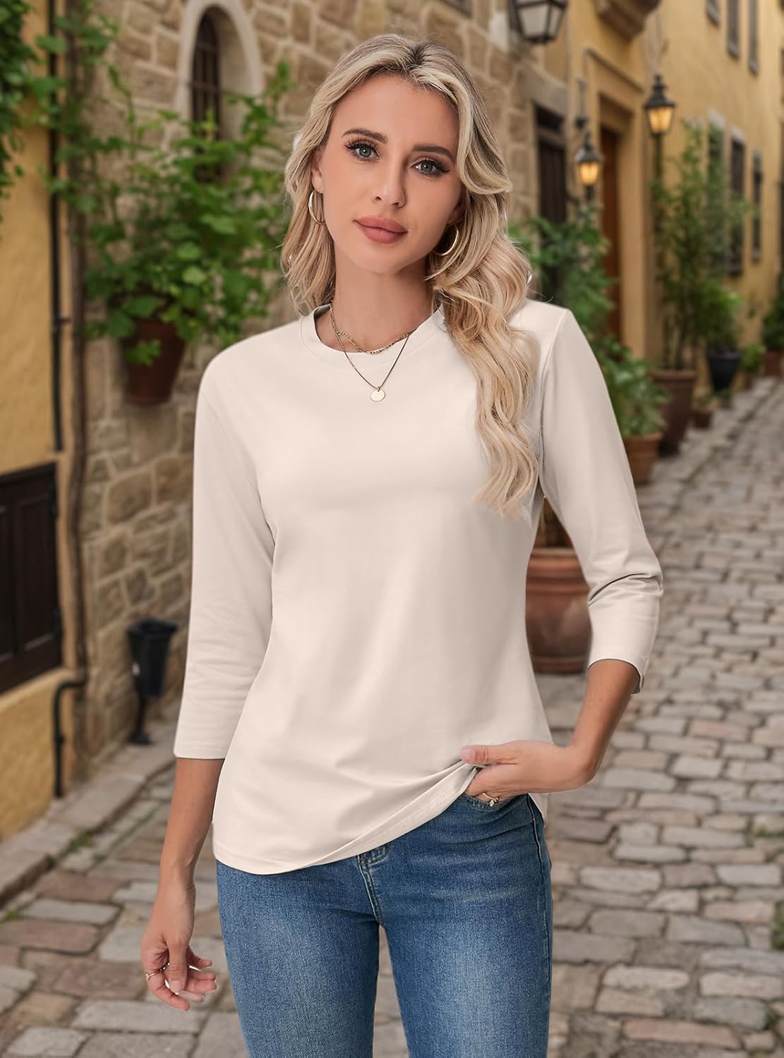 ALUS 3/4 Length Sleeve Tops for Women Crew Neck Casual Blouses Basic T Shirts - Image 3