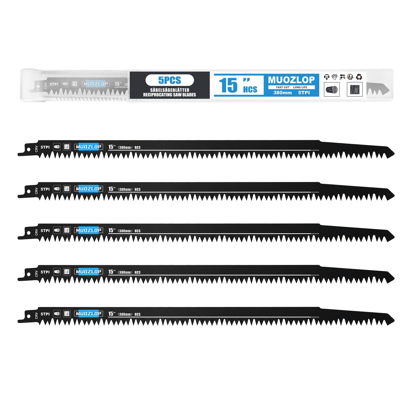 MUOZLOP 5TPI 5Pack 15inch（380mm) High Carbon Reciprocating Saw Blades Set