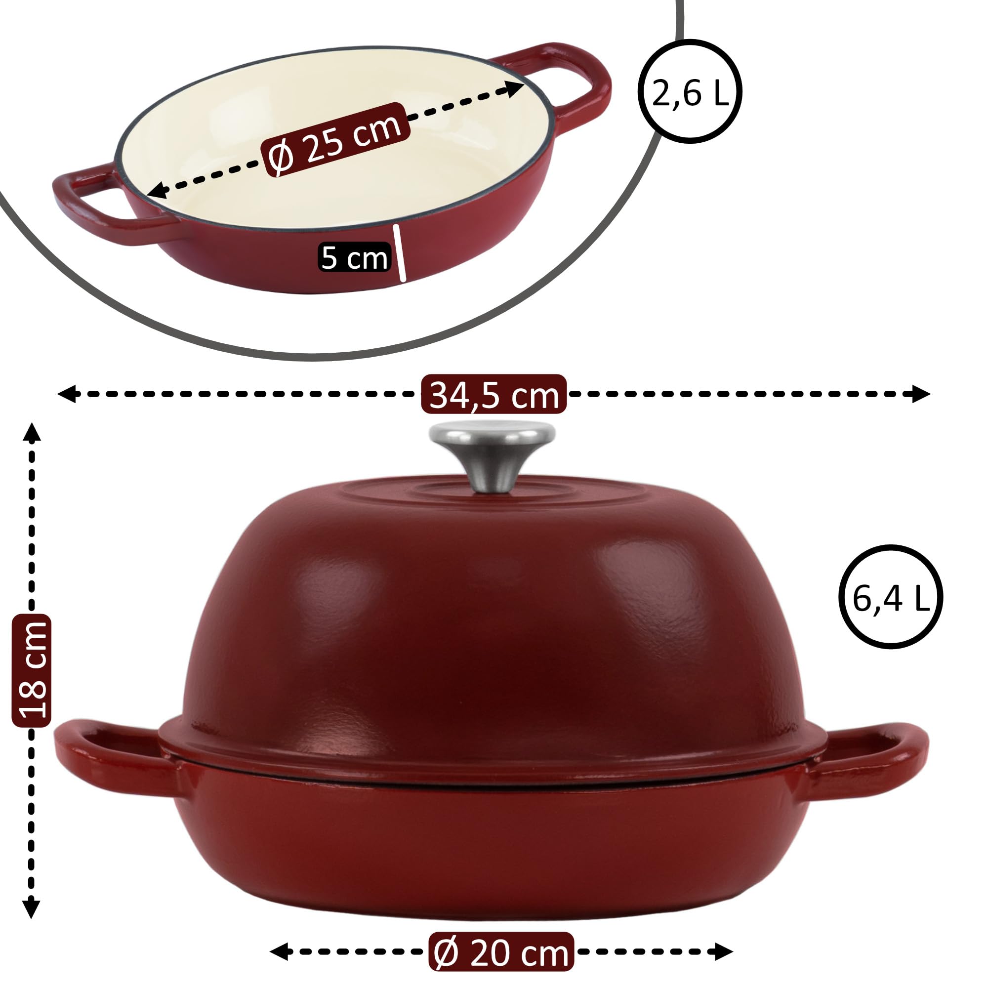 Mahlzeit Zestaw do pieczenia chleba z żeliwa emaliowanego | 6,4 litra | Ciemna wiśnia | Formy do pieczenia chleba z uchwytem i podkładką | Zestaw do pieczenia chleba, garnek z żeliwa, forma do chleba