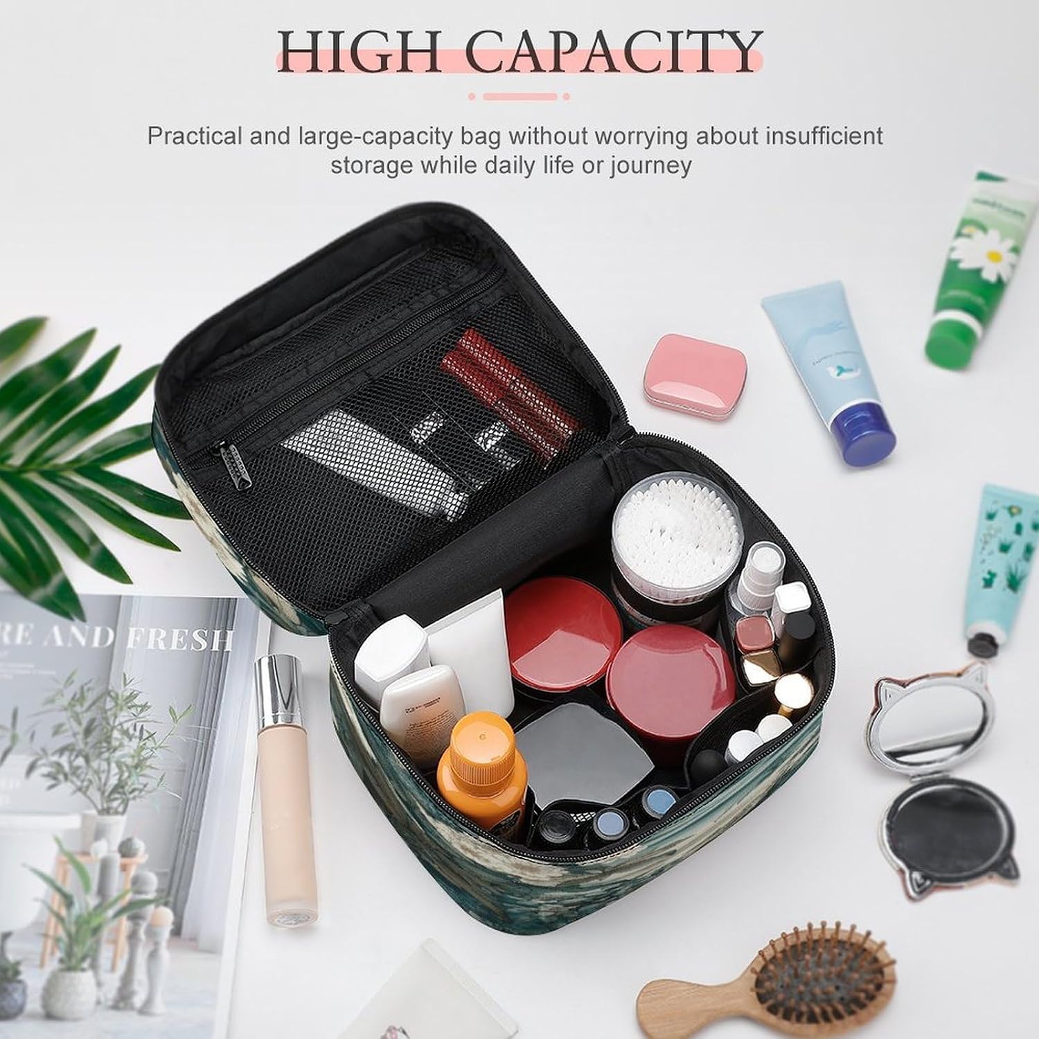 White And Emerald Makeup Bag with Handle Fashion Portable Travel Toiletry Bag Exquisite Large Capacity Cosmetic Bags Lightweight Travel Accessories Storage Bags for Women image 4