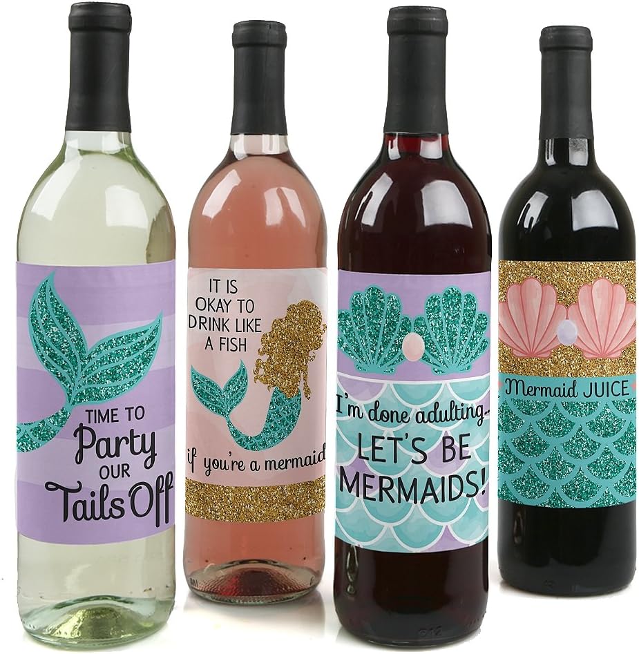 Let's Be Mermaids - Baby Shower or Birthday Party Decorations for Women and Men - Wine Bottle Label Stickers - Set of 4