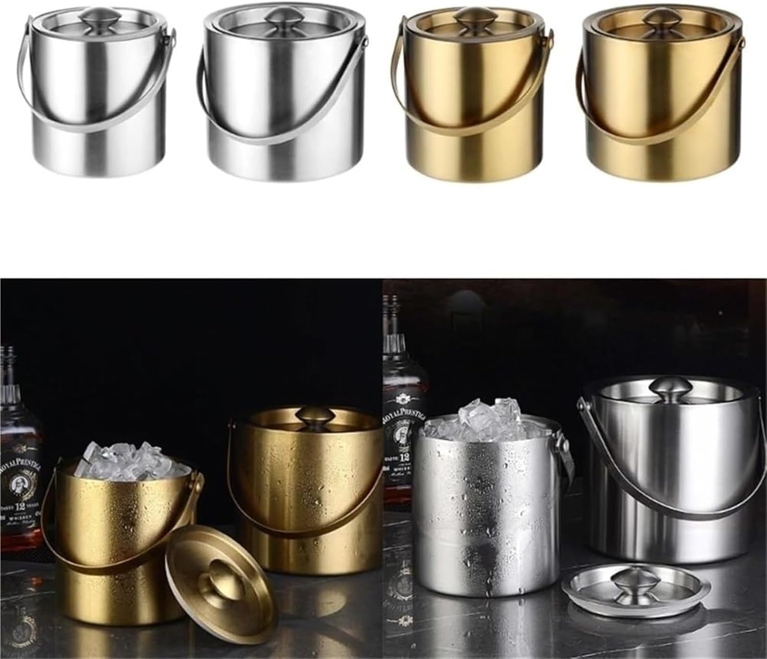 Ice Buckets for Parties, Double-Layer Insulated ICE Buckets Beverage Water Champagne Beer Suitable(Silver,2L)