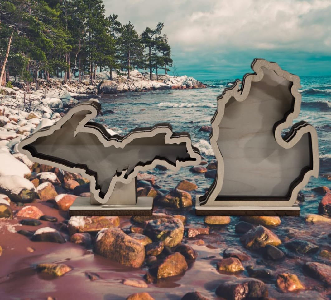 Generic Michigan Mini Shadow Box Upper and Lower Peninsula for Your Tiny Lake Superior agates, Petoskey, Beach Glass etc., Maple