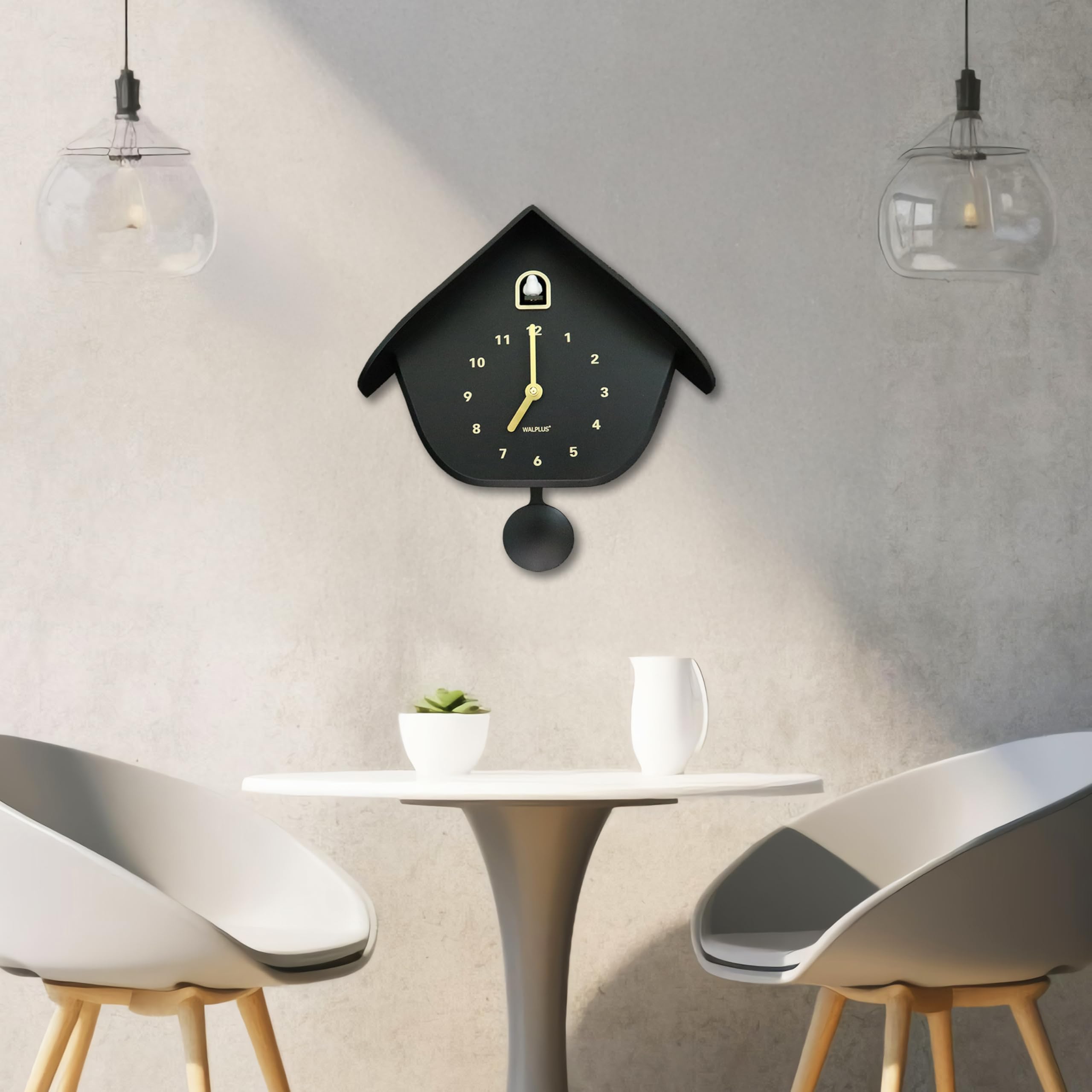 WALPLUS Schwarz Kuckucksuhr Modern mit Stundenruf Einstellbarer Lautstärke Singender Vogel Kuckucksuhr mit Lautlosem Modus Batteriebetriebene Kuckucksuhr Pendel für Wanddekoration