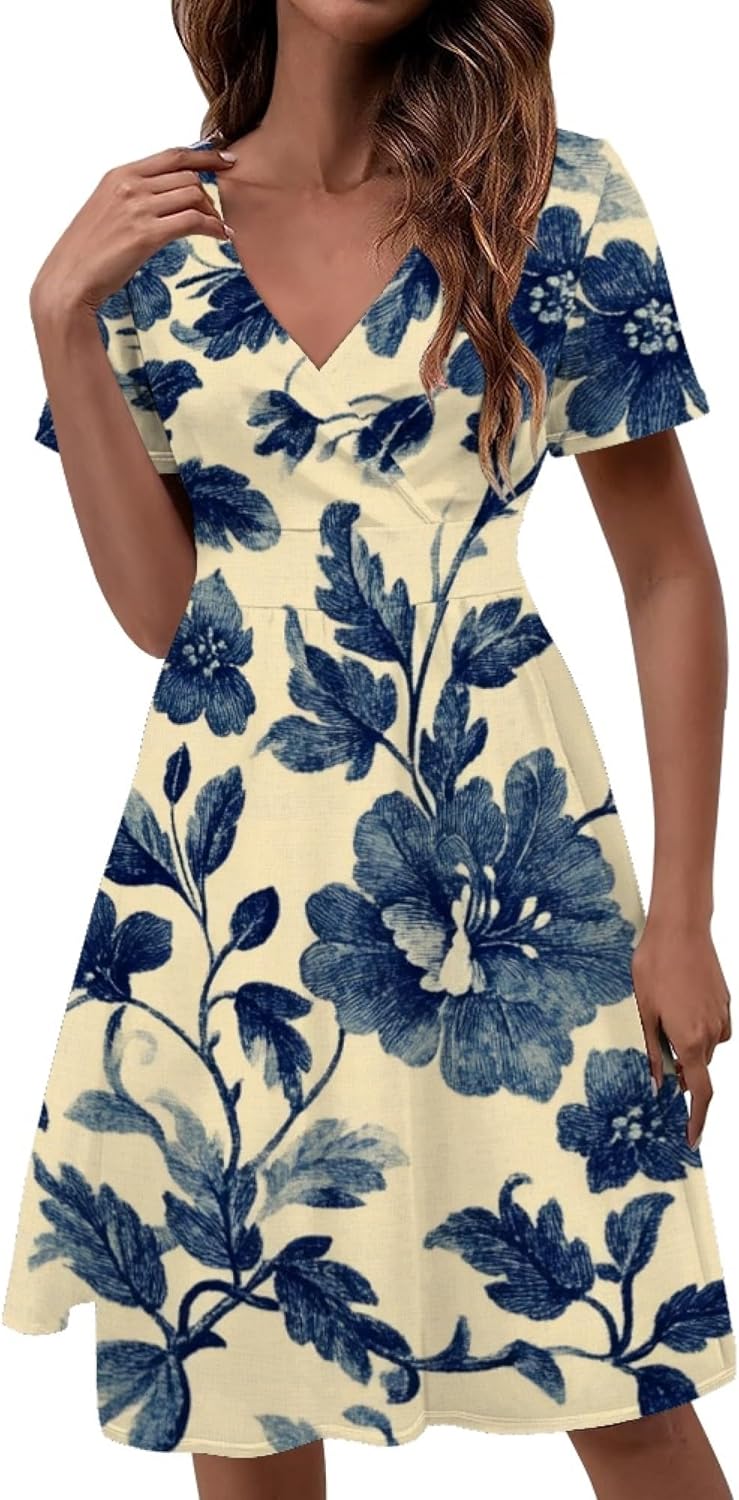 Easter Dress for Women 2025 Floral Print Short Sleeve V Neck A Line Empire Waist Ca...