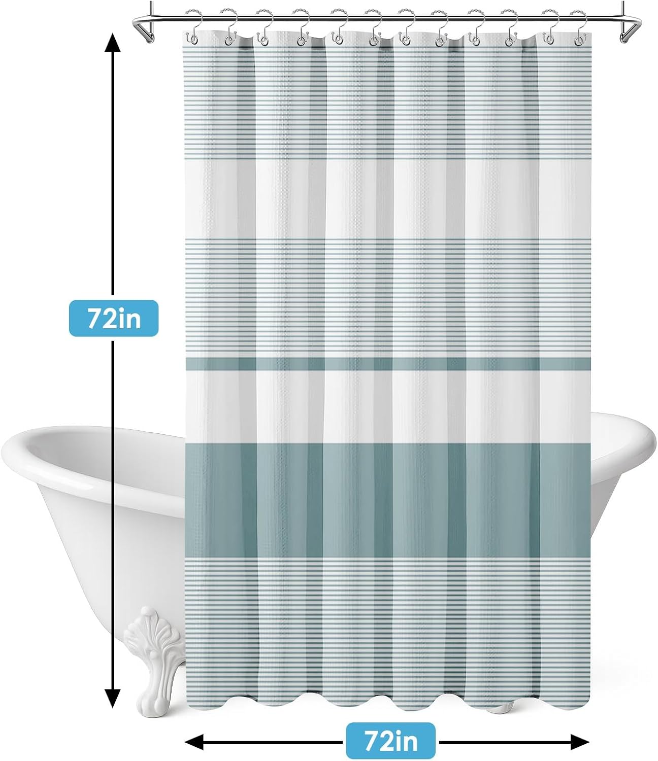 Shower Curtain and Liner, Teal Striped 3 in 1 Shower Curtain and PEVA Liner Set with 12 Rust-Resistant Metal Hooks, Waterproof Fabric Shower Curtains for Bathroom, 72 W x 72 H