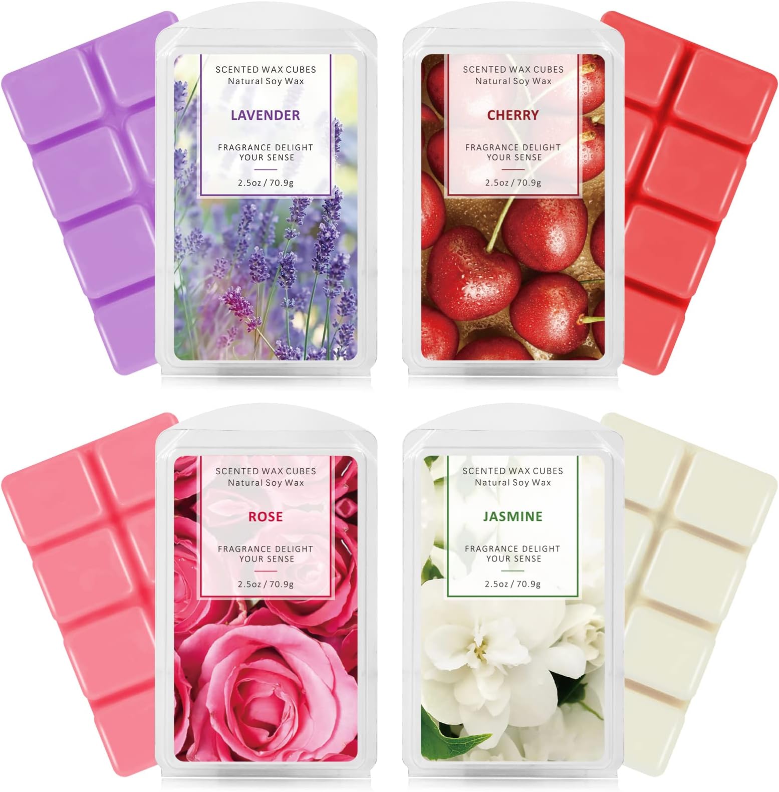 SCENTORINI Wax Melts for Wax Warmer, Scented Wax Cubes, Long Lasting Fragrance, Lavender, Cherry, Rose, Jasmine - 4 Pack
