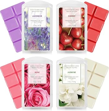 SCENTORINI Wax Melts, Scented Melts Cubes for Wax Warmers, Summer Flower Scent Wax Melts - Rose, Lavender, Jasmine, Cherry, Home Decor, 4 x 2.5 oz