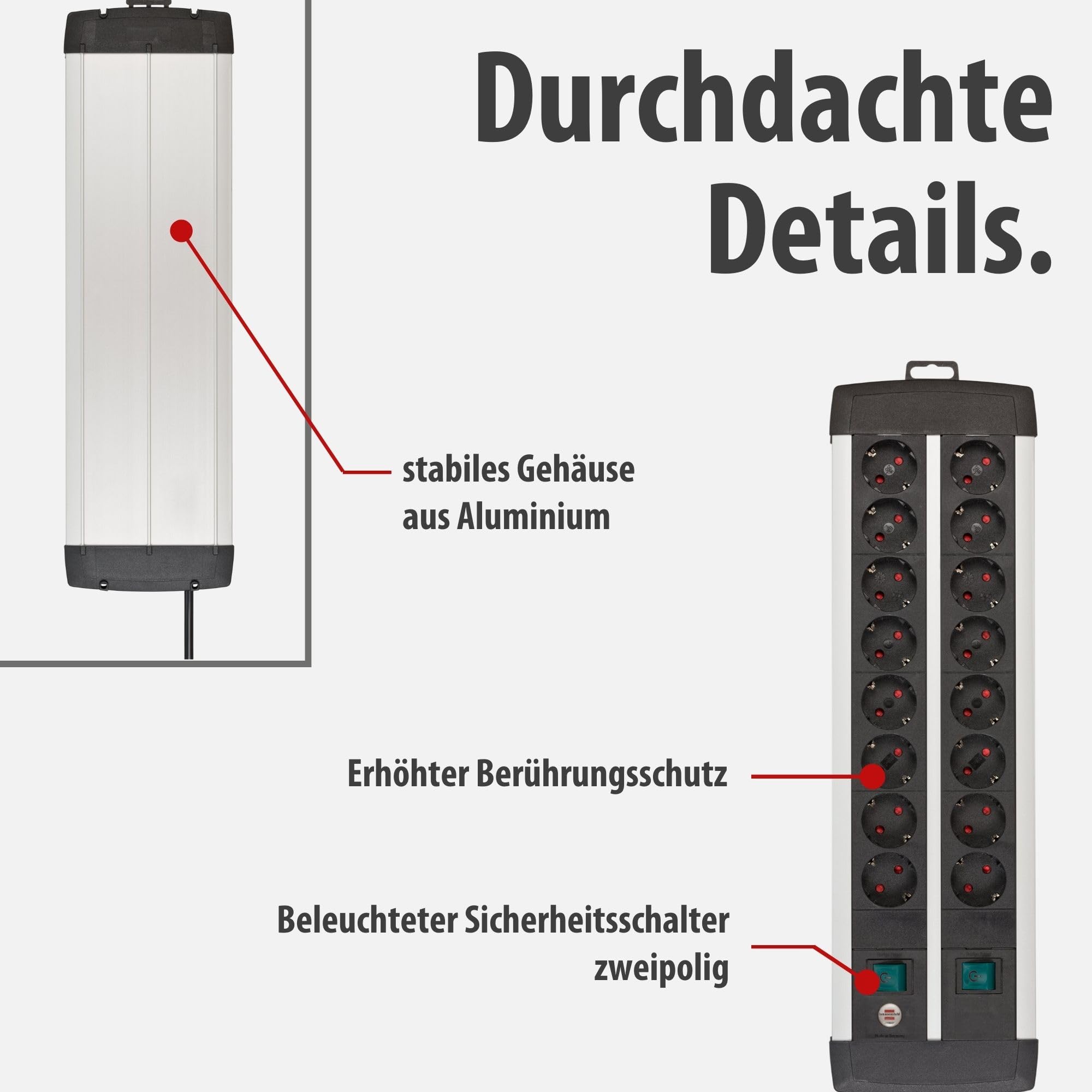 Brennenstuhl Premium-Alu-Line Steckdosenleiste 16-Fach, 3m | Mehrfachsteckdose aus hochwertigem Aluminium mit 2 Schaltern für je 8 Steckdosen, Made in Germany