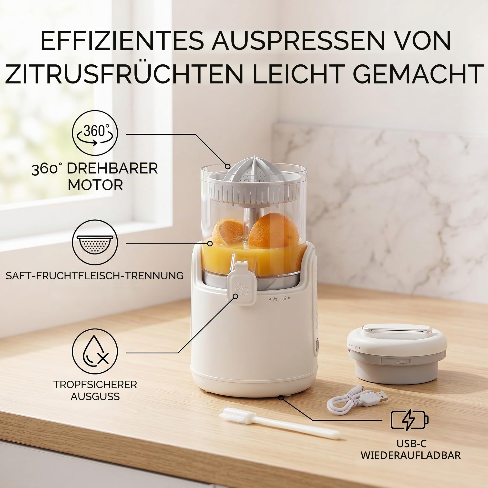 USB-C Elektrische Entsafter, 360° Motor & Auslaufschutz