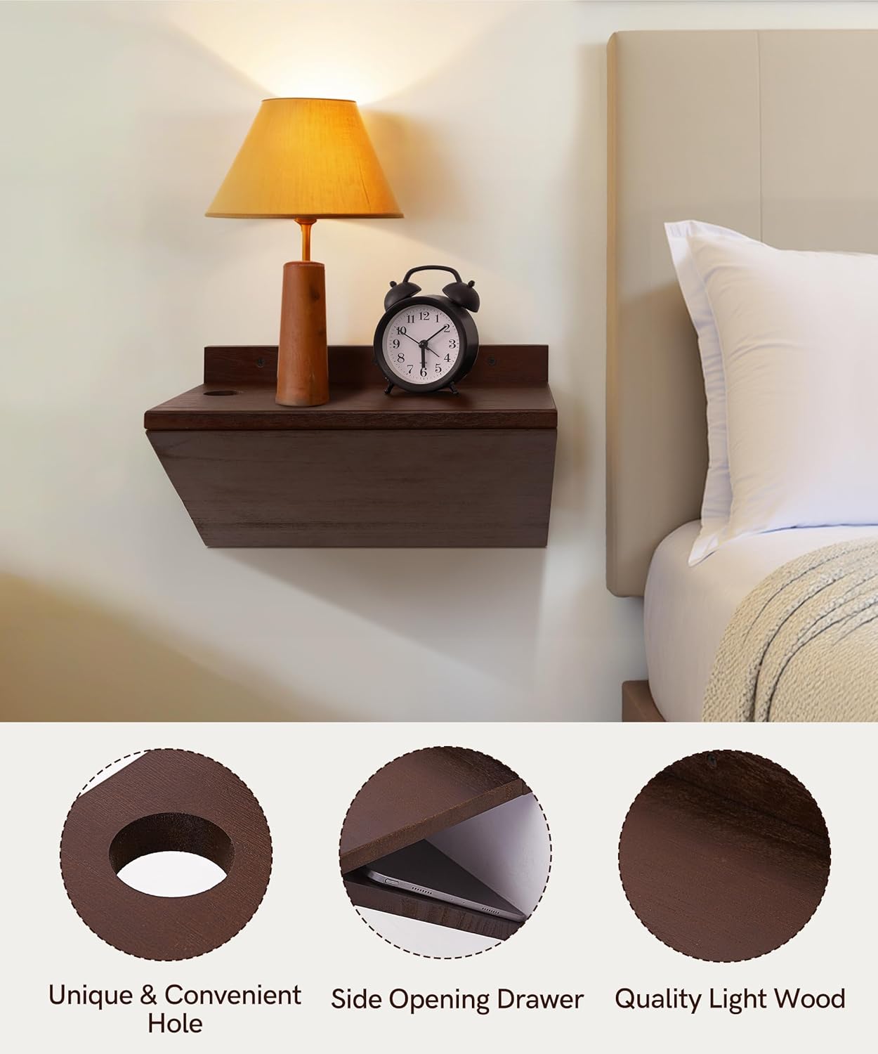 Floating Nightstand, Modern Wood Floating Bedside Table Z-Shape Wall Mounted Nightstand Small Hanging Night Stands for Bedroom (2, Dark Cherry)