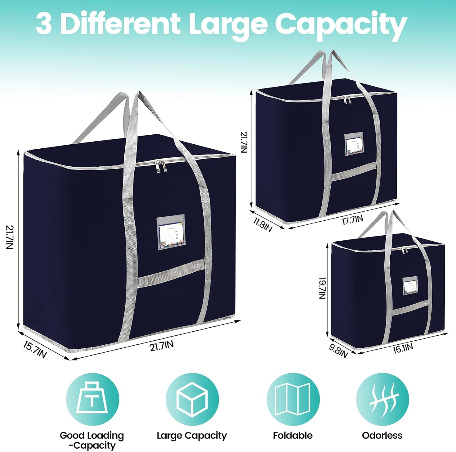 3 Pack Different Size Large Storage Bags, Heavy Duty Storage Bags, Large Moving Bags, Space Saving, Storage Tote Bag, Organizing Bedroom, with Reinforced Handles & Double Zippers (Blue)