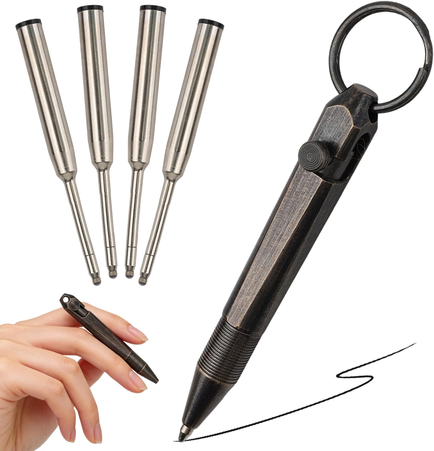Mini Keychain Pen with 4 PCS Refills, Brass Bolt Action EDC Pen & Compact 76mm EDC Pocket Tactical Pen Retractable Small Ballpoint Pen/Keychain Pen for Notes Pocket Writing Tool