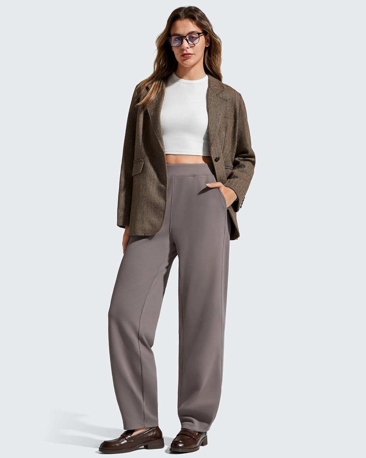G4Free Women Fleece Lined Sweatpants High Waisted Wide Leg with Pockets Winter Thermal Workout Pants Casual (Taupe,M,31") - Image 5