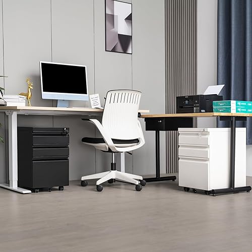 Miniatura 9 de Armario de archivo enrollable con cerradura con 3 cajones, gabinete negro para debajo del escritorio con pedestal móvil, gabinete de almacenamiento