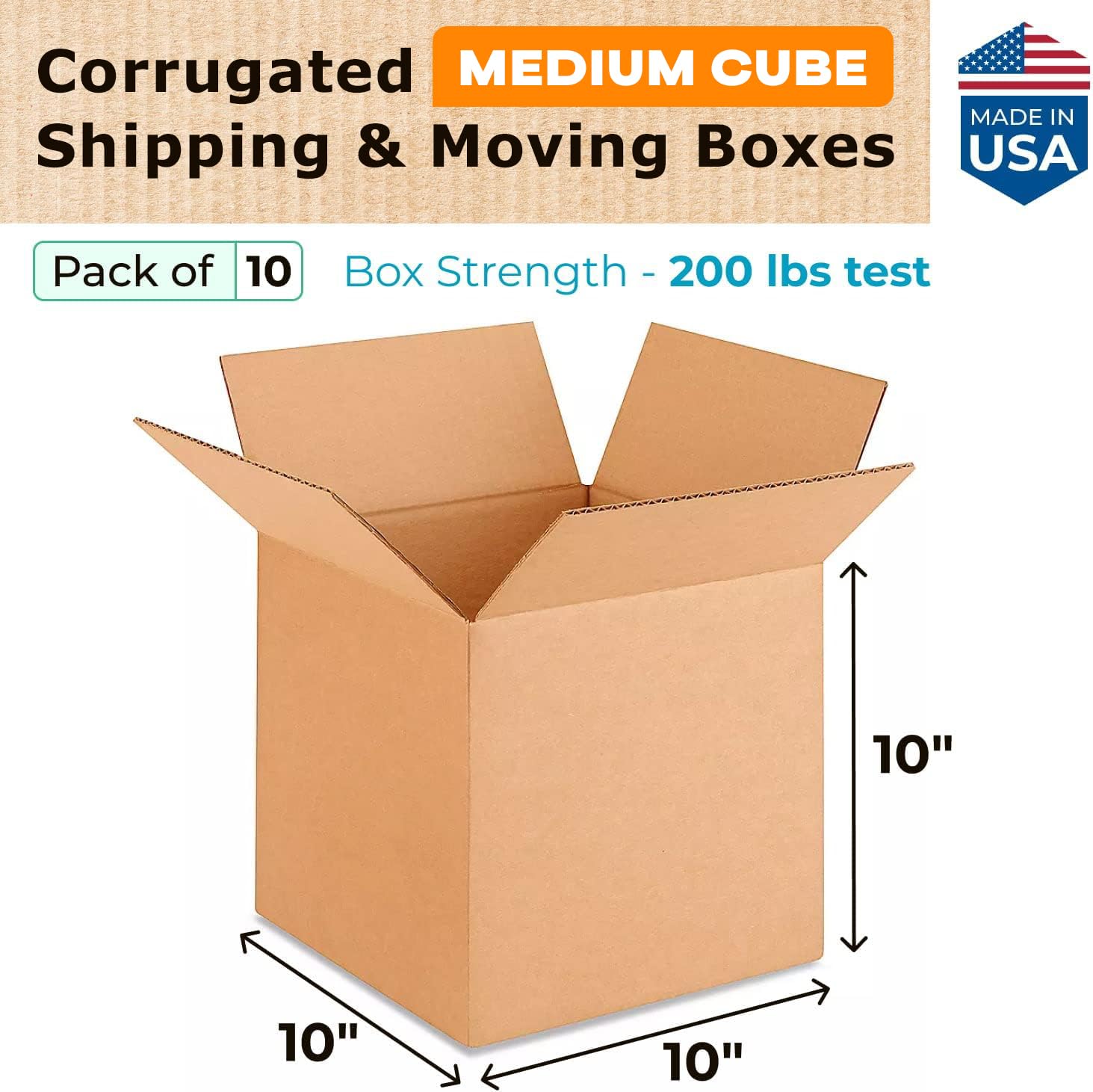 Medium Cube Moving & Shipping Boxes 10x10x10 inches (10-Pack) - Extra Strength 200 lb vs Regular - USA-Made Corrugated Durable Packing Boxes - Shipping Box Medium - Box Packaging by IDL Packaging
