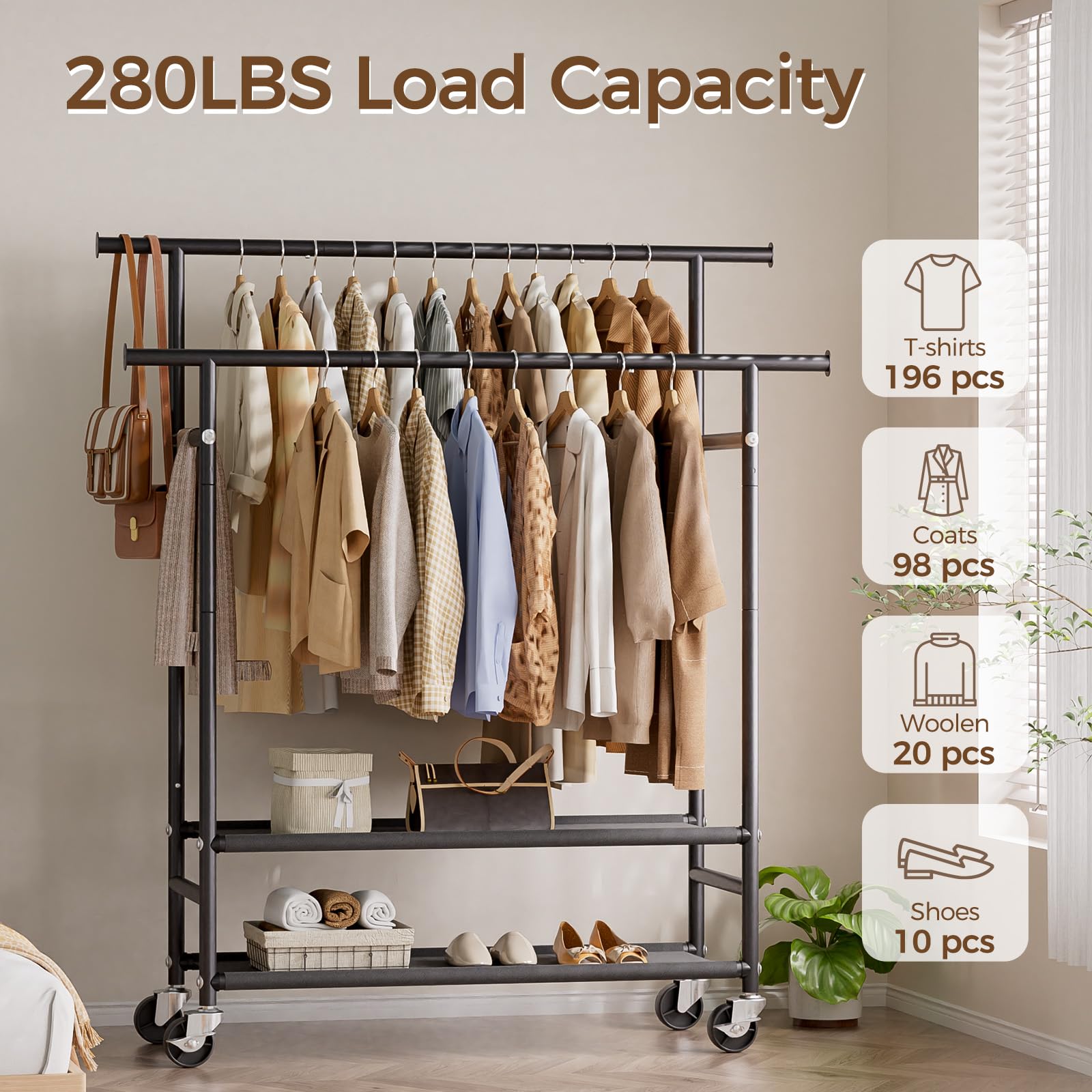 Condition photo showing As Is for hyseyy clothes rack,double rods rolling clothing rack for hanging clothes,portable garment rack with 2-tier storage shelves,free standing wardrobe closet coat rack on wheels for bedroom,laundry room