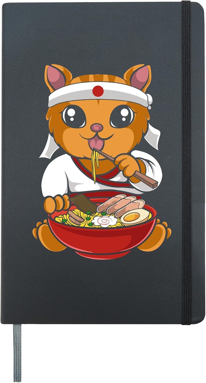 Cute Kawaii Neko Ramen Japanese Noodle Funny Anime Hardcover Journal, Black