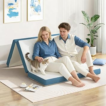 Folding Mattress Double, 4 Inch Foldable Floor Mattress, Tri-fold Easy Storage Gel Memory Foam Mattress with Washable Cover & Pressure Relief for Camping, Guest, Caravans