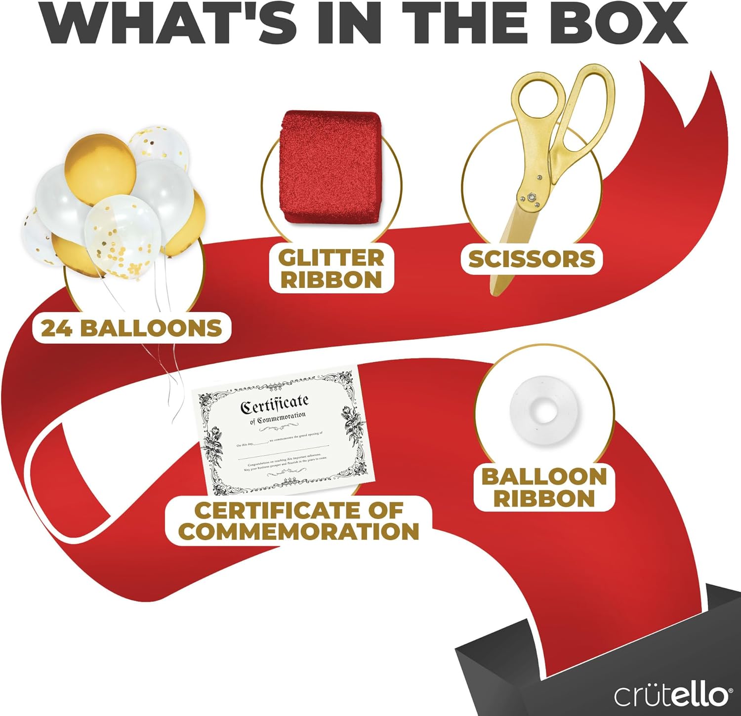 Crutello Ribbon Cutting Ceremony Kit - 20"Giant Scissors with Gold Handle, 30ft Sparkle Giant Red Ribbon 4"Wide, 24 Balloons & 90ft Balloon Band for Grand Opening Decorations