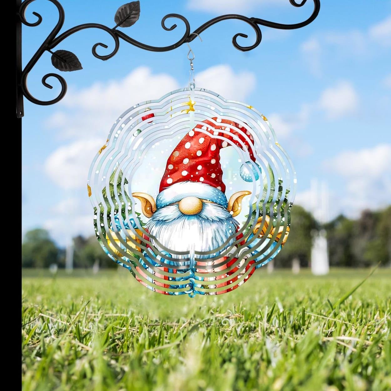 Gnome Gifts Pine Tree Christmas Wind Spinners 3D Stainless Steel Laser Cut Metal Double Sided Printing-Hanging Indoor/Outdoor Decorations Yard Gardening Decor,Metal Kinetic Art 16x16 inches