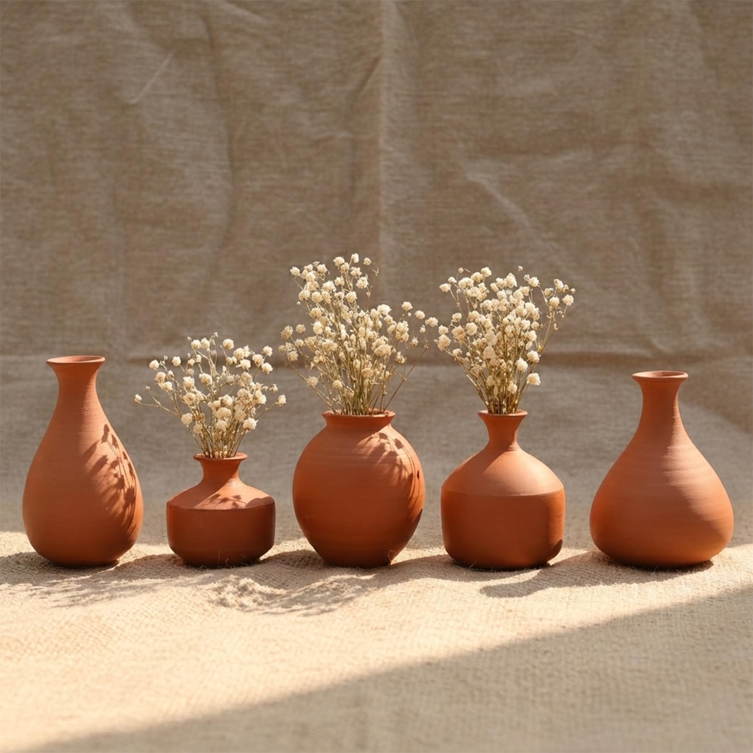 Mini Terracotta Vase Set of 5 Small Clay Vases for Decoration Home Decor for Living Room, Dining Table, Shelf & Wedding Table Decoration Natural Brown Colour-image-9