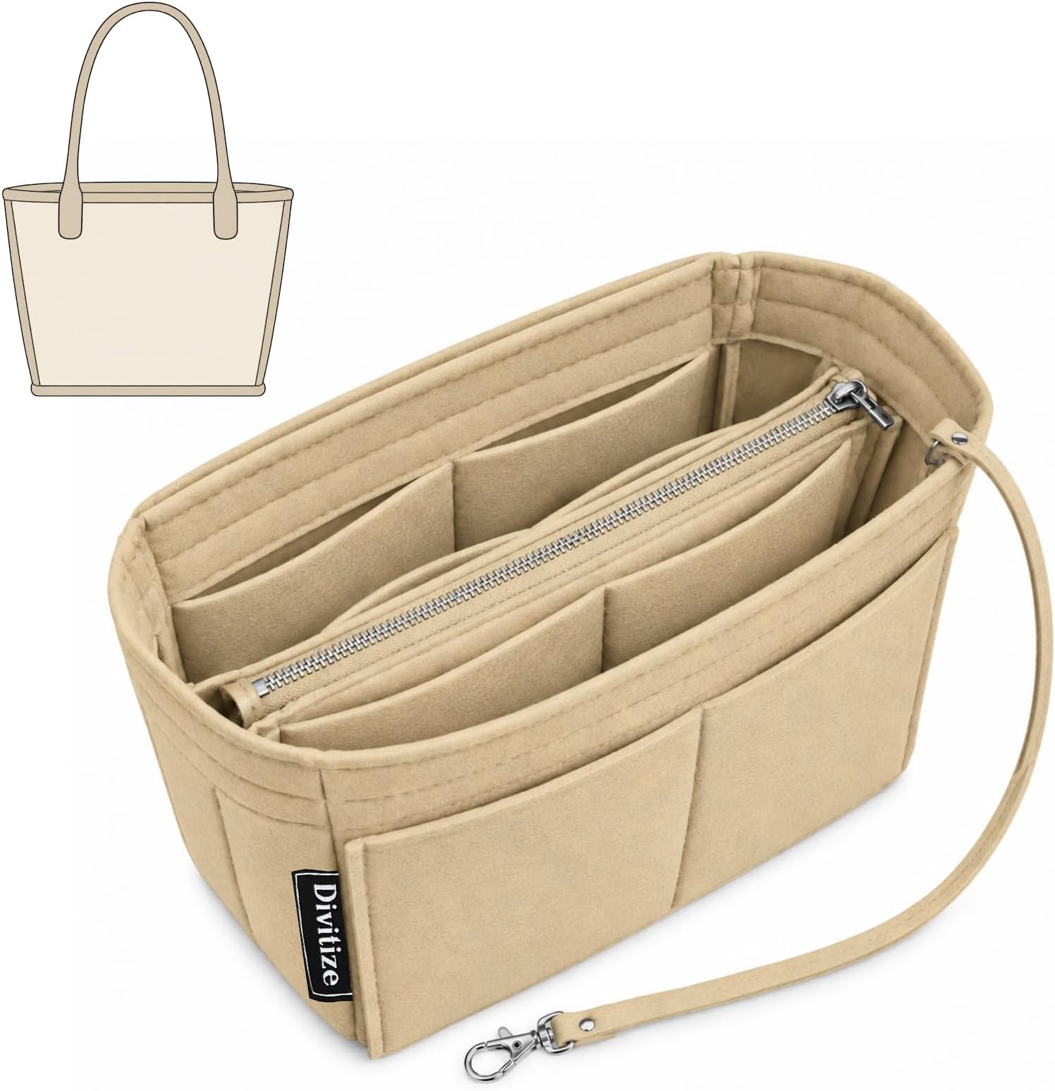 Divitize Premium Purse Organizer compatible with Anjou Mini/PM/GM Bag Insert — with Silver Zip Perfect Fit, Durable Quality Felt, Full Coverage No Bulking, +24 Shades (Beige, For Anjou Mini)