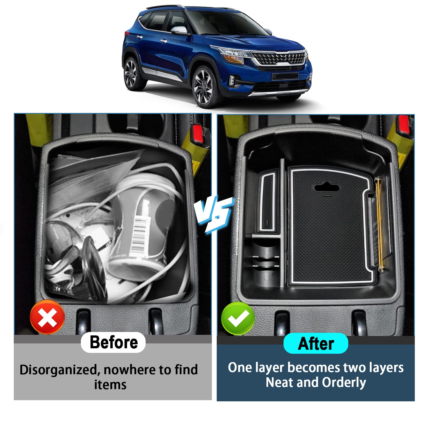 Organiseur De Rangement Pour Accoudoir Kia EV3 (2024+) - Boîte ABS Noire, Installation Facile Sans Outil
