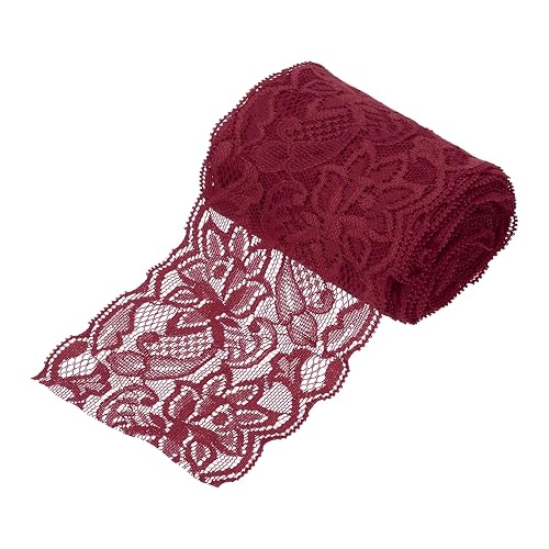 MECCANIXITY 3 Inch Wide 5 Yard Elastic Lace Ribbon Floral Pattern Dark Red Stretch Lace Trim Embroidered Fabric for Sewing Making, and DIY Crafts, Gift Wrapping, Bouquets, Wedding Decor