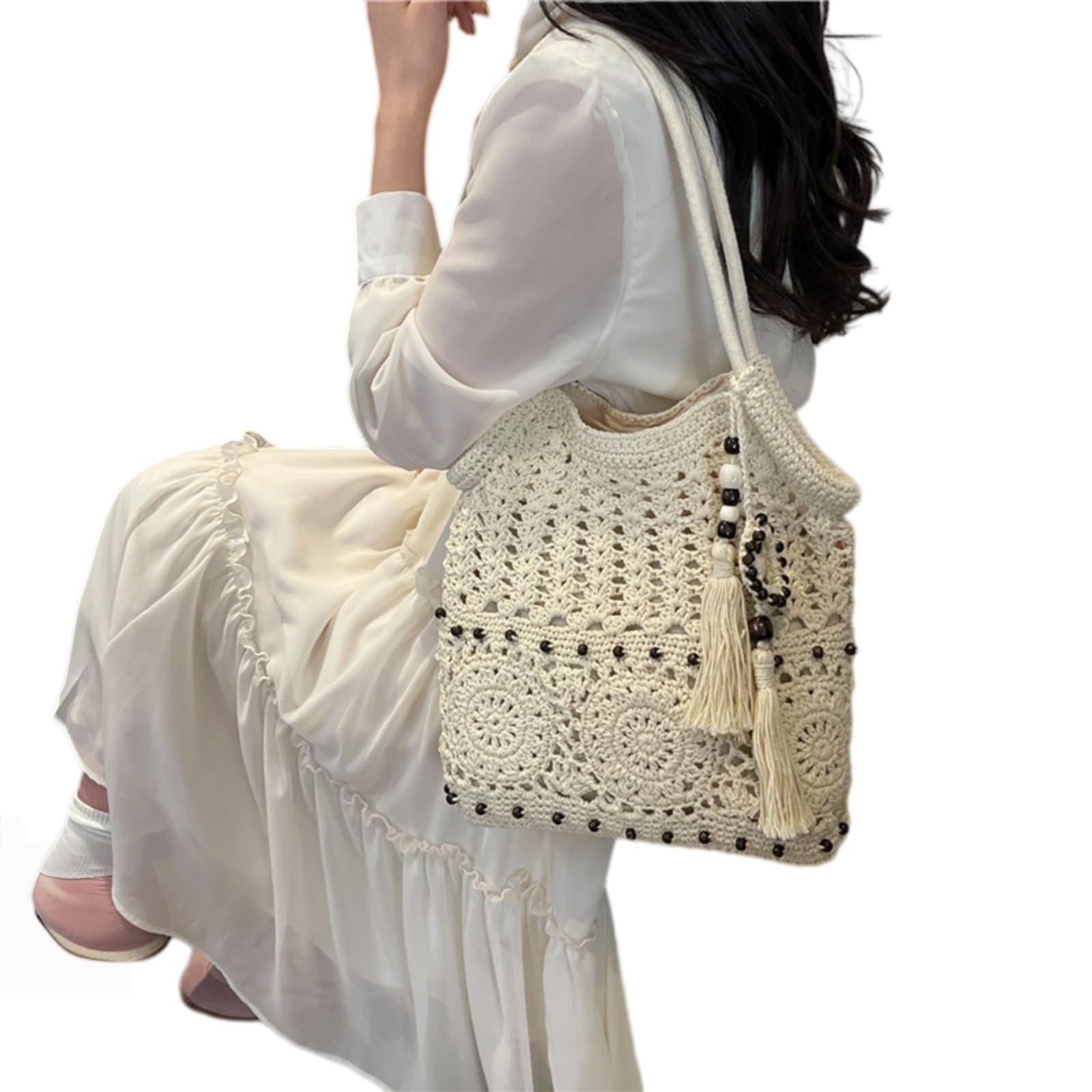 Beauty Case Donne Tassel Borsa Elegante Hollow out Design A Spalla Spiaggia Leggera per Le Vacanze Estive-Khaki