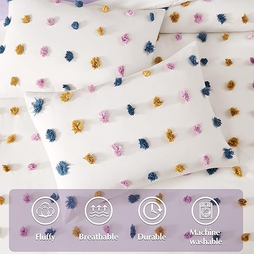 Miniatura 54 de Geniospin Juego de edredón rosa Queen para niñas, 7 piezas con pompones en una bolsa, juegos de ropa de cama individual con sábanas, fundas