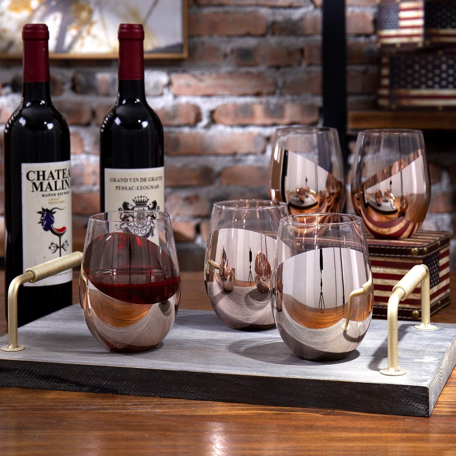 MyGift Stemless Wine Glasses Set of 6 - Copper Metallic Bottom Angled Design, Modern Barware for Red & White Wine, Dishwasher Safe Entertaining Glasses - Image 3
