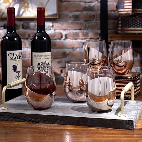 Miniatura 3 de MyGift Juego de 6 copas de vino sin tallo, diseño en ángulo inferior metálico de cobre, utensilios de bar modernos para vino tinto y blanco, vasos