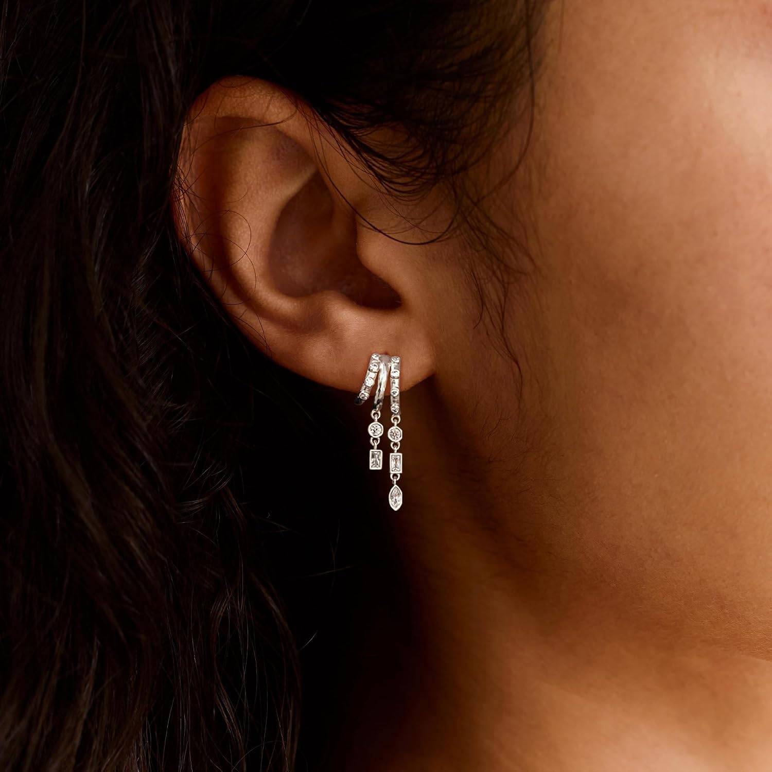 Dangle Earrings for Women,14k Gold Plated Triple Huggie Stud Earrings Cute Statement Chain Earring Dainty Drop Earrings for Women Trendy Gold Plated Jewelry