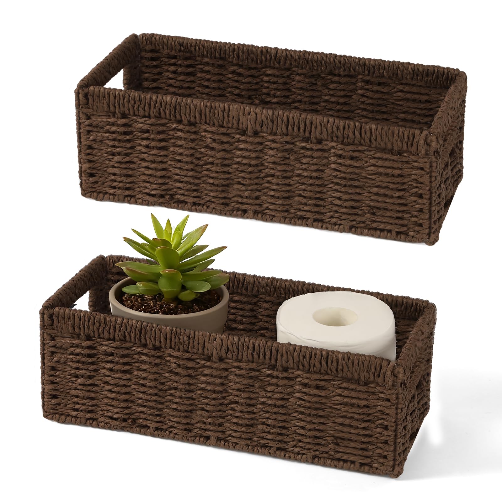 Paper Rope Wicker Storage Baskets with Handles, 2 Pack Foldable Storage Basket, Rectangle Wicker Basket, Small Wicke Baskets for Pantry Shelves, Toilet Paper Storage Basket for Bathroom, Brown