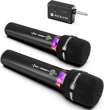 Wireless Microphone, Rechargeable Wireless Microphones with One-to-One Chip Connection and LED Lights, 40H Duration, 200FT Range Receiving, Less Latency Karaoke Microphone for Singing, Speech, Party