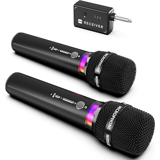 Wireless Microphone, Rechargeable Wireless Microphones with One-to-One Chip Connection and LED Lights, 40H Duration, 200FT Range Receiving, Less Latency Karaoke Microphone for Singing, Speech, Party