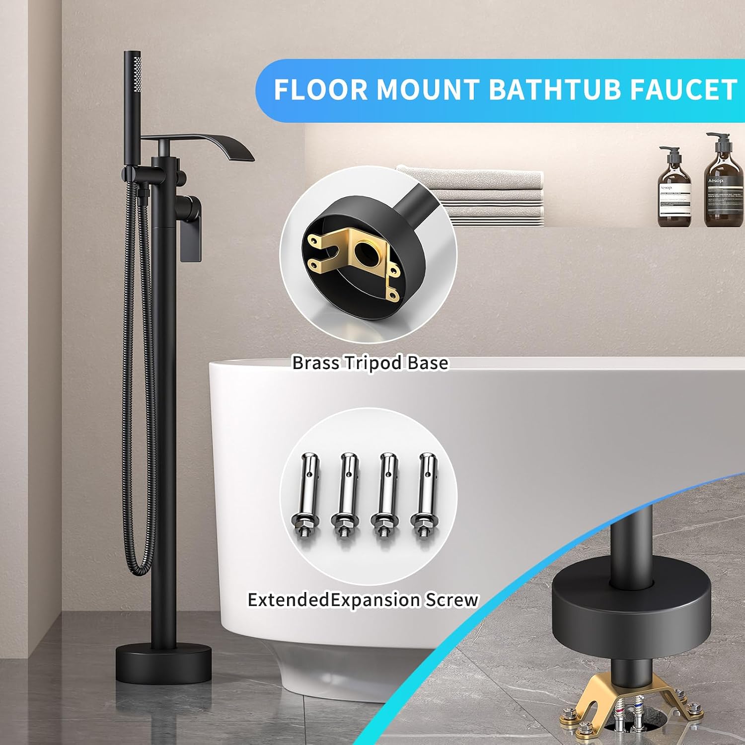 Floor Mount Bathtub Faucet Freestanding Tub Filler Standing High Flow Shower Faucets Shower Mixer Taps,Free Standing Bathroom Faucets Swivel Flat Waterfall Spout Matte Black
