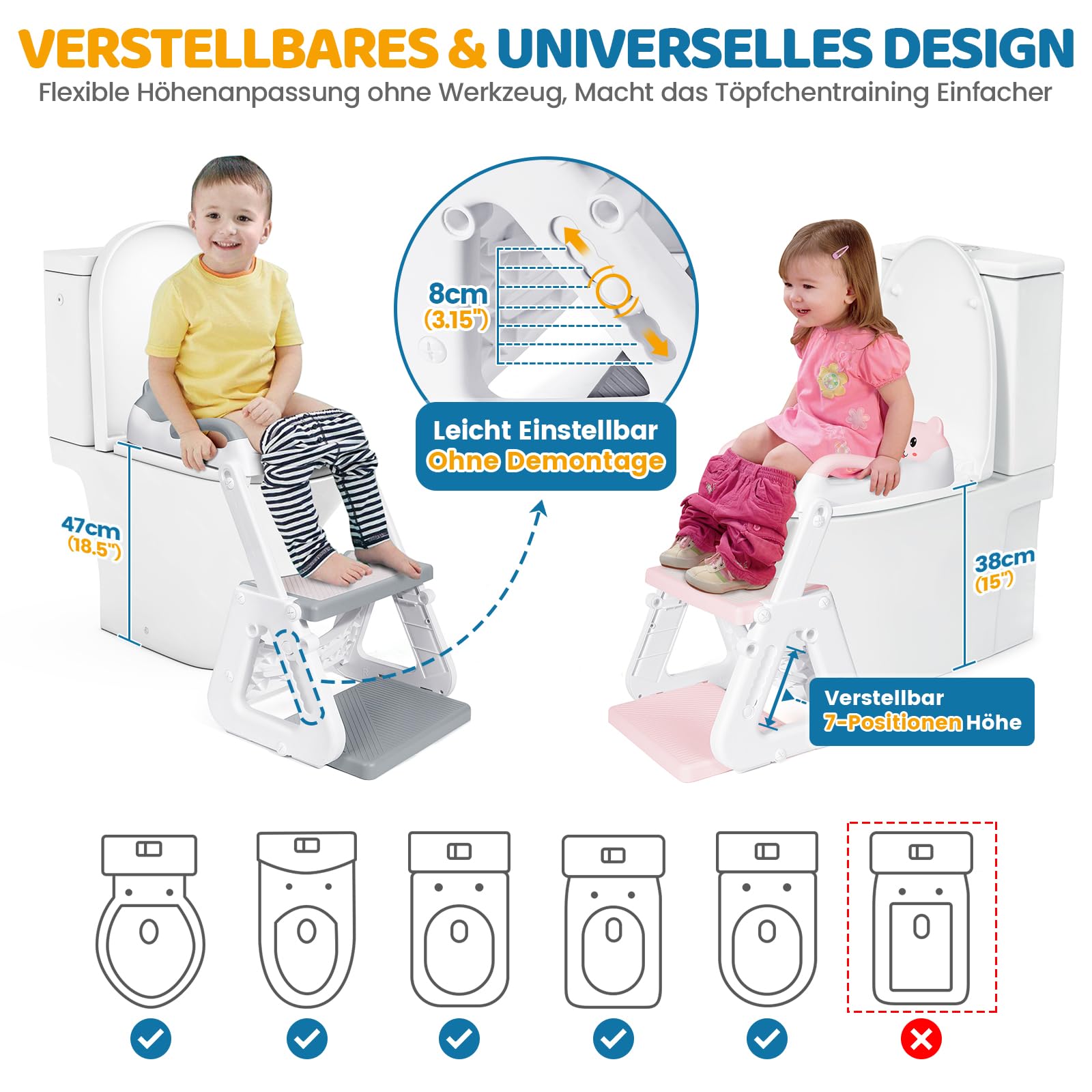 Toilettensitz Kinder mit Treppe, Stabil Kinder Toilettensitz mit Dreiecksstruktur, Verlängerter Pedal- und Spritzschutz und Wasserdichtes PVC-Polster, Rutschfest und Faltbar, Grau