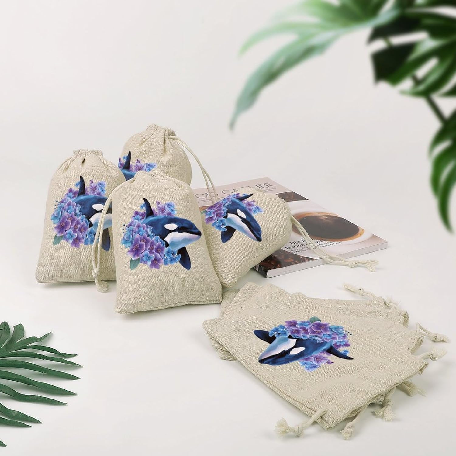 Killer Whale Pansy Purple Flowers Drawstring Bags Cotton Linen Pack of 8 | Reusable Storage Gift Pouch Party Home Supplies